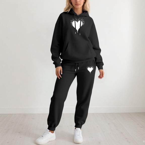 HOWPAY Sweatsuits Women 2 Piece Outfit Long Sleeve Heart Graphic Valentines Hooded Pullovers Tops and Jogger Sweatpants Sets Baggy Soft Comfy Lounge Sets Black L