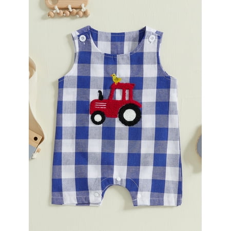 

Mama s sunshine Baby Boys Summer Plaid Jumpsuit Sleeveless Crewneck Tractor Embroidery Casual Romper