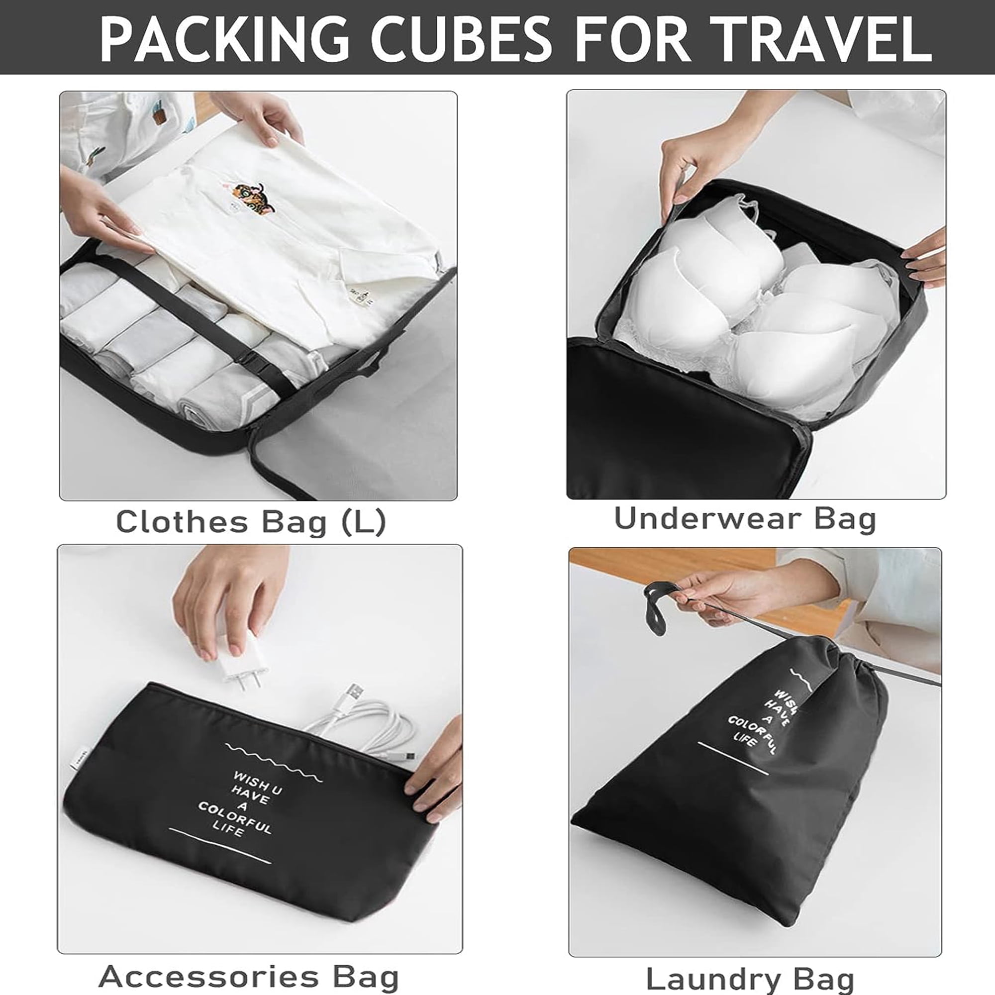 lEPECQ Packing Cubes for Travel & Suitcases Foldable Suitcase Organizer Lightweight Luggage Storage Bag 6 Pack - Black