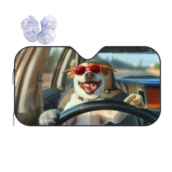 KAKALAD Funny Dog Driving a Car Universal Windshield Car Sun Shades Accordion Folding Auto Aluminum Sunshade 51"x 27.5"