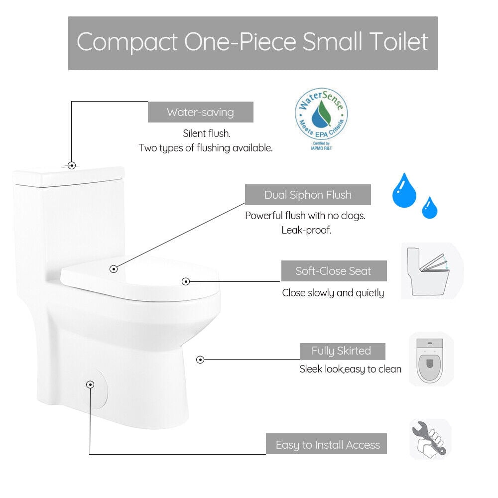 HOROW Small Toilet One Piece Short Compact Bathroom Tiny Mini Commode Water Closet Dual Flush Concealed Trapway