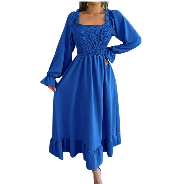 Antinious Women Long Sleeve Solid Color Square Neck Office Style Flared Sleeve Ruffled Wedding Guest Dress Evening Dress,Fall Winter Birthday Dresses