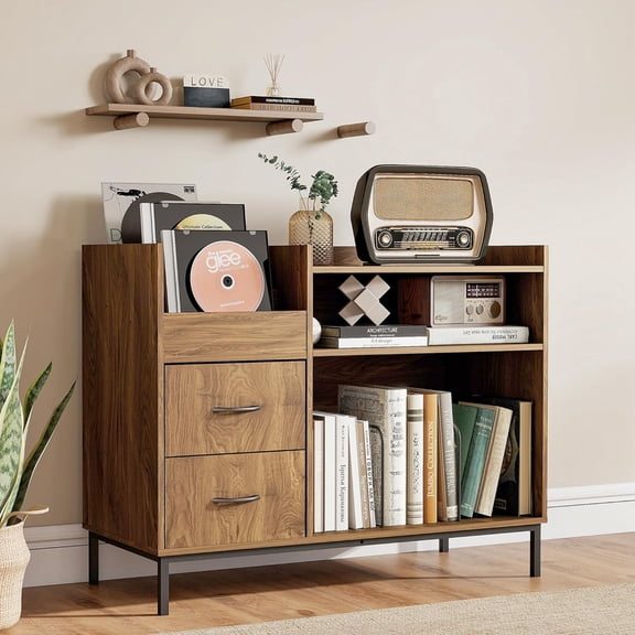 AQY Record Player Stand with Storage Drawers, Vinyl Record Storage Cabinet for Albums & Media Players, Wooden Turntable Organizer with Open Shelves for Living Room/Study/Corridor, Assembly Required