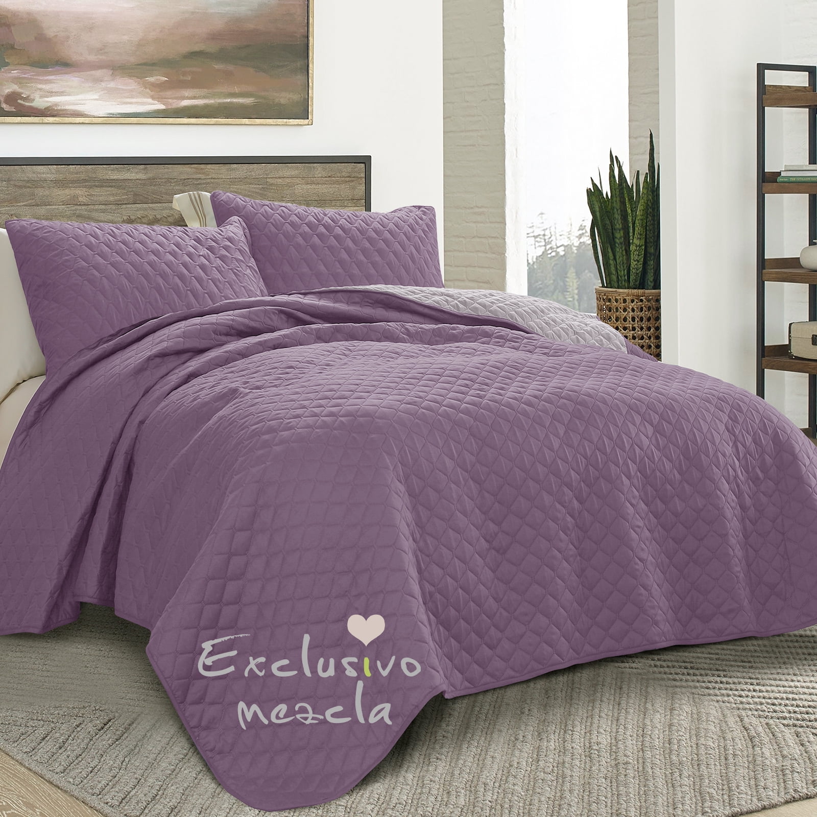 Exclusivo Mezcla Queen Quilt Set, 3-Piece Lightweight Queen Quilts Soft Bedspreads Bed Coverlets, Dusty Lavender, 90"x96"
