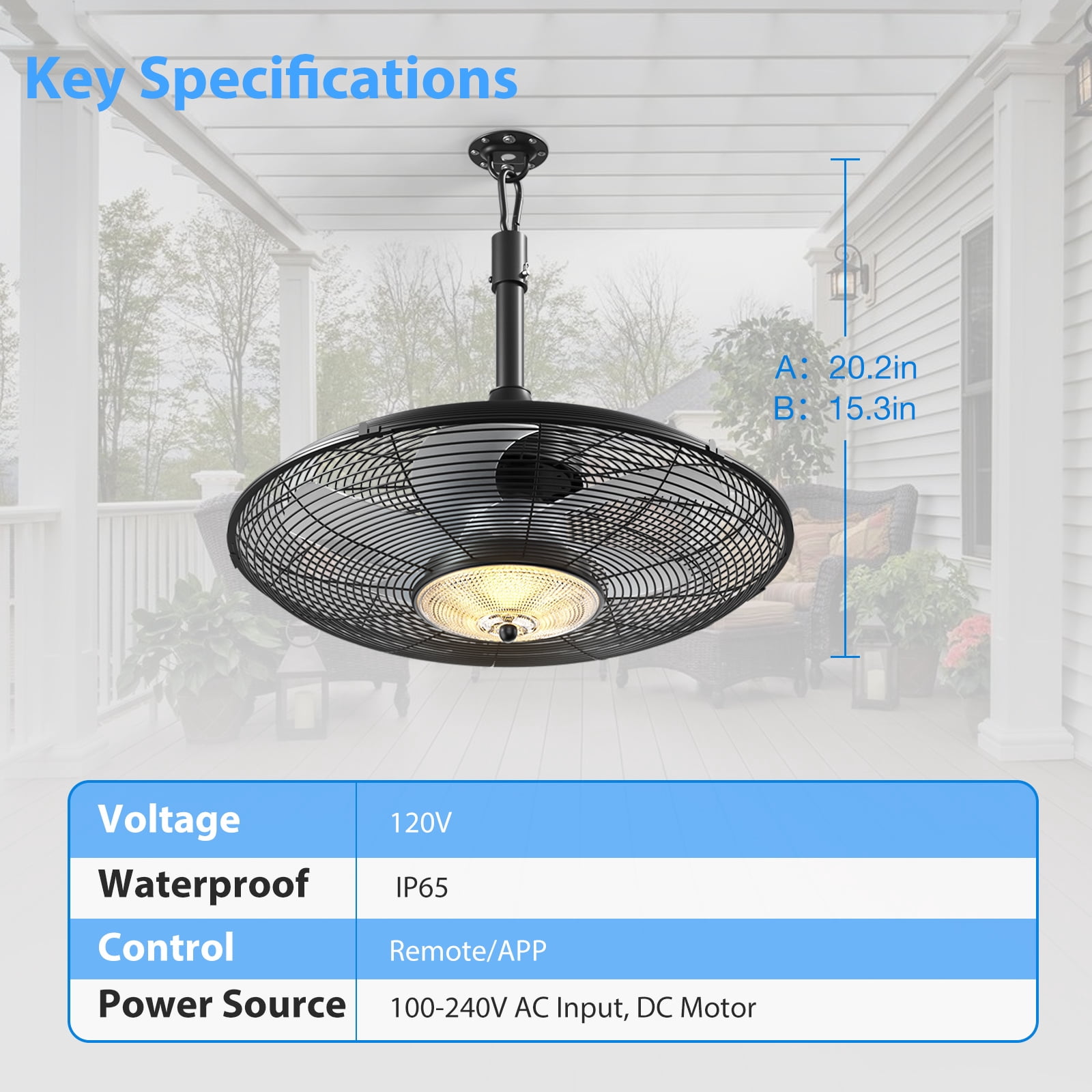 20" Outdoor Ceiling Fan with Light, IP65 Waterproof, Plug-In with Hook, Remote & App Control, 6 Speeds, 3CCT Dimmable, Caged Hanging Fan