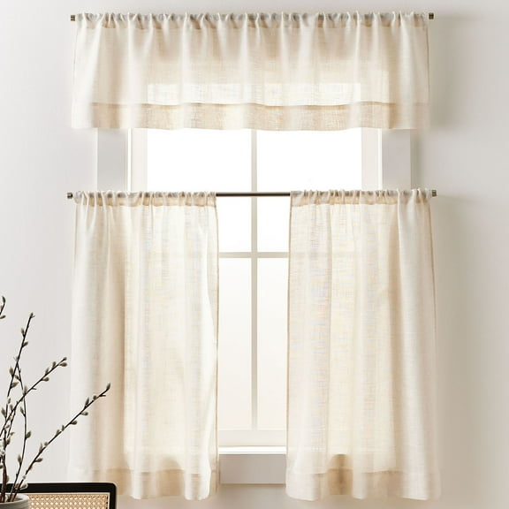 Better Homes & Gardens Linen Blend Light Filtering Rod Pocket Kitchen Curtain Tiers and Valance, Set of 3, Vanilla Dream, 60 W x 36 L