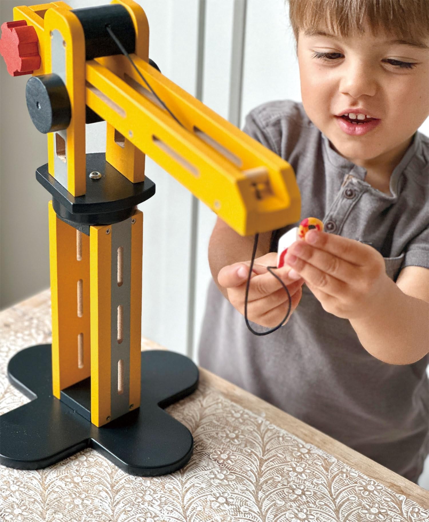 Mentari Toys - Big Yellow Crane - Wooden Large Crane with Lifting Arm with Front Loader and Road Roller - Imagination and Storytelling - Age 3+