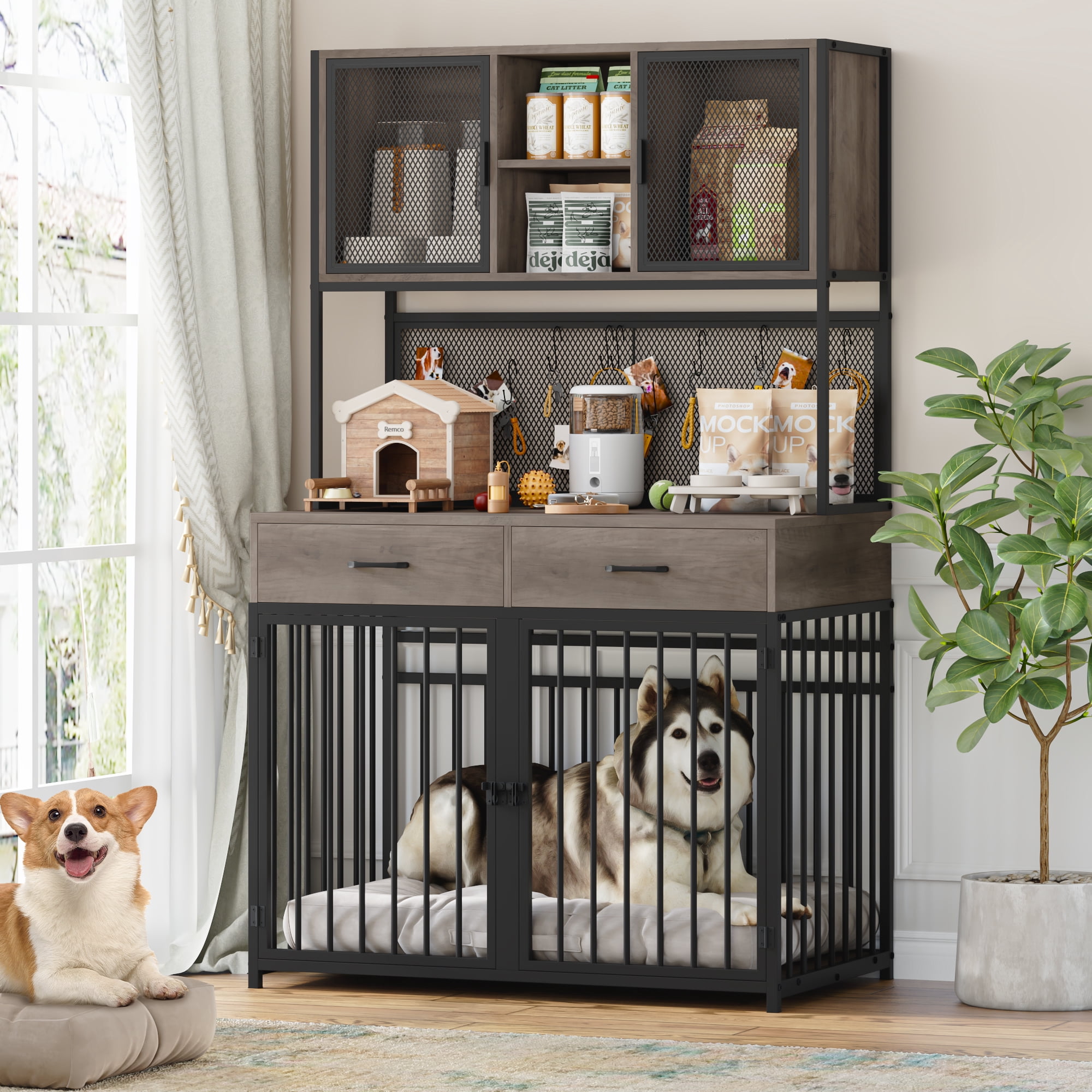 Hiphuta 71" Tall Dog Crates Furniture, Indoor Dogs Kennel Furniture with Hutch, 42"W Dog Cage Furniture for Large/Medium Dogs, Decorative Sturdy Pet House, Ash Gray
