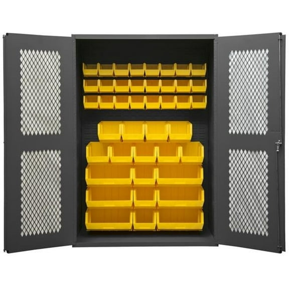 Durham EMDC-481872-42B-95 14 Gauge Flush Door Style Lockable Clearview Cabinet with 42 Yellow Hook on Bins, Gray - 48 x 18 x 72 in.
