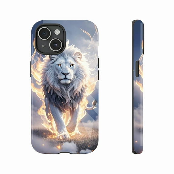 Majestic White Lion Fire Art iPhone Case Compatible with iPhone 11/12/13/14/15/16 (Pro Max/Plus) - Durable Protective Case for Art Enthusiasts
