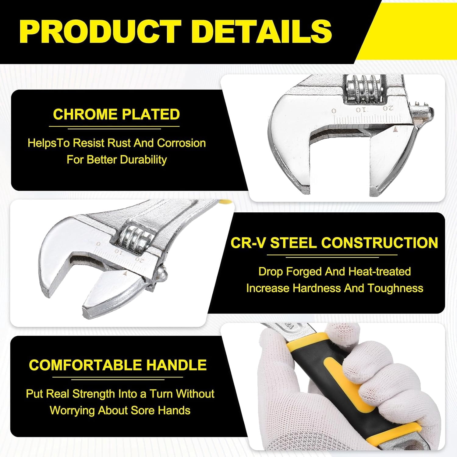 MKEUDQ-Adjustable Wrench 8" High Carbon Steel Industrial Wide Jaw Wrench Adjustable Repairs Spanner Tool with Graduated Scale for Home Garage Workshop Plumbing, Yellow-Black