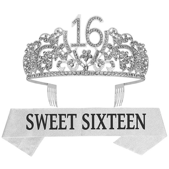 VeryMerryMakering 16th Birthday Sash & Tiara Set (Silver) for Girls