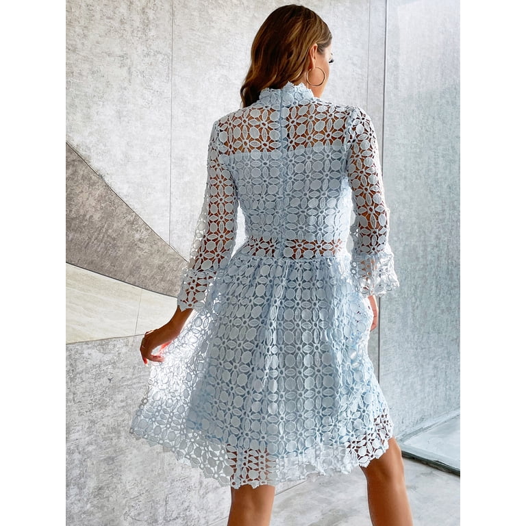 EILLY BAZAR Women's Lace Dresses Mesh Insert Mock Neck Flounce Sleeve Baby  Blue XL