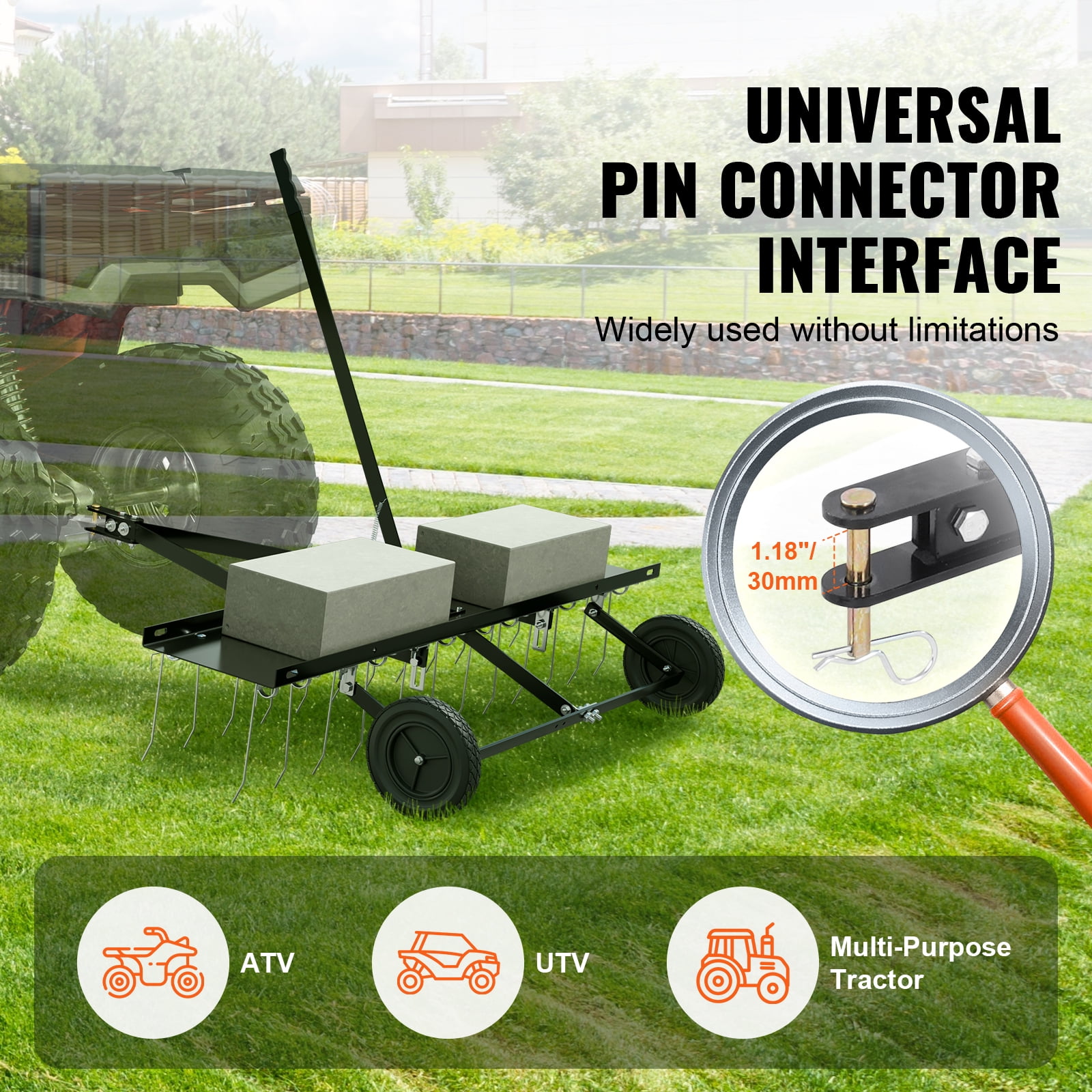 KFFKFF Towable Dethatcher, 48" Width with 24 Durable Spring Tines, Ideal for ATV or Lawn Mower Use, Garden and Lawn Rake with Easy Lift Handle for Efficient Grass Maintenance
