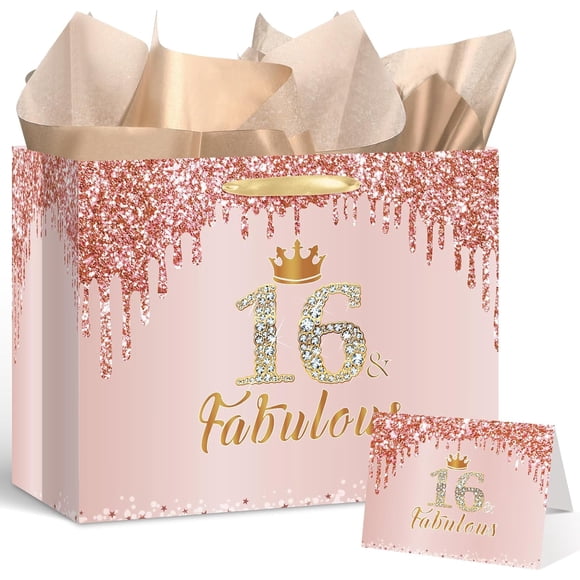 Yoirrat Rose Gold 16 & Fabulous 16th Birthday Gift Bag for Girls Large Pink Happy Sweet 16th Birthday Gift Bag with Wrapping Paper Card for 16th Sixteen Bday Decorations Party Supplies
