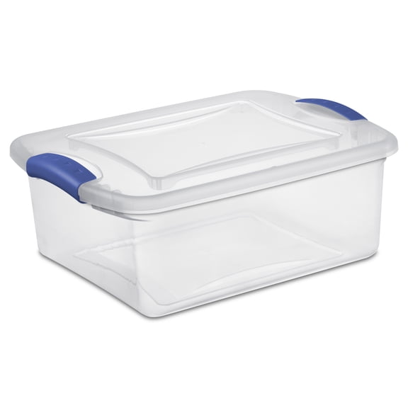 Sterilite Small Latching Storage Bin, 15 Quart Clear Plastic Storage Container with Latch Lid, Blue