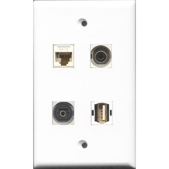RiteAV 1 Port USB A-A and 1 Port Toslink and 1 Port 3.5mm and 1 Port Cat6 Ethernet White Wall Plate