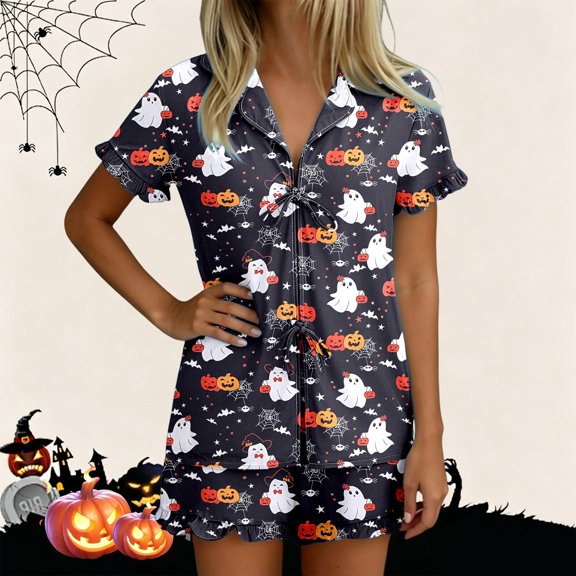 Womens Halloween Pajamas Seasonal Nightwear Short Sleeve Sleepwear Set Top with Shorts Cozy Loungewear Pajamas for Women Set Black XXL
