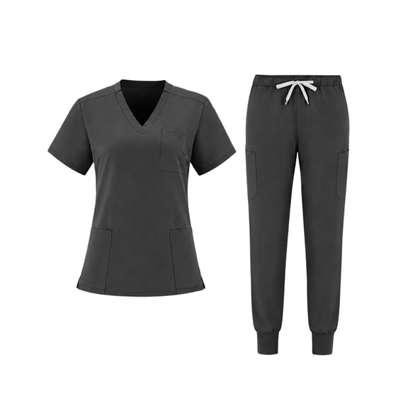JULMCOMO Scrubs for Women Button V Neck Short Sleeve Casual Medical Uniforms Comfortable Hospital Work Nurse Uniform Set with Multi Pockets Black M