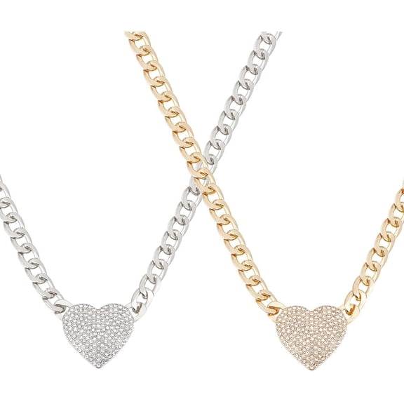 2PCS Heart Necklaces for Women Rhinestone Heart Link Chain Necklace Silver Heart Choker Gold Heart Necklace Heart Pendant Punk Statement Necklace Jewelry Gift for Friends Mom Wife
