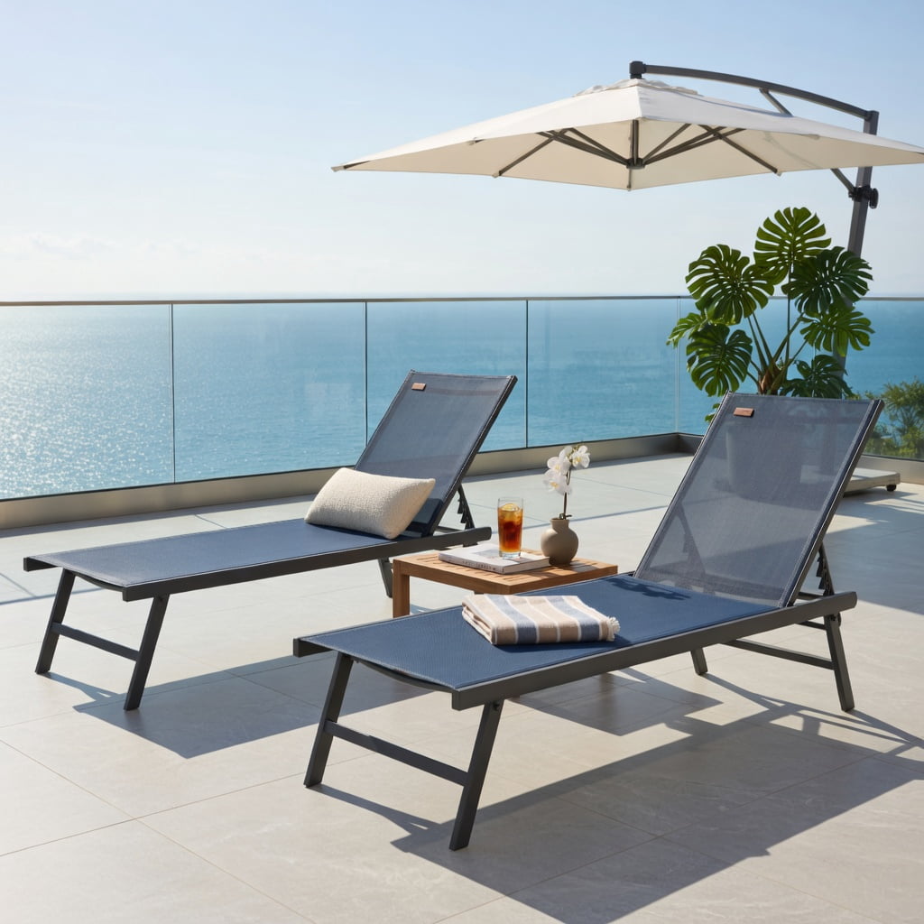 Hommoo 3-Piece Outdoor Chaise Lounge Chair Set with Adjustable Backrest and DPC Wood-Look Coffee Table for Patio, Poolside, or Backyard, Navy