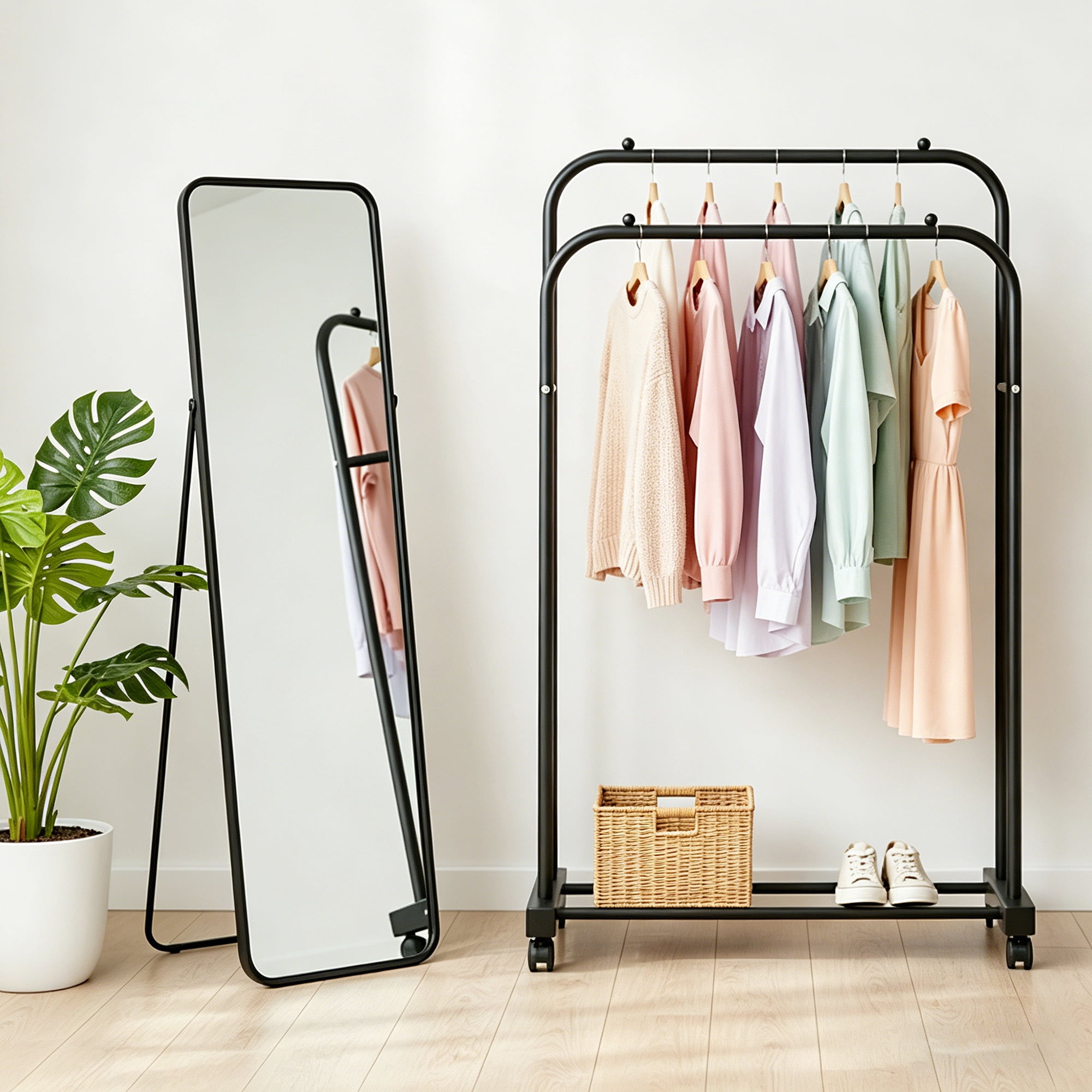cisilov Clothes Rack, Double Rods Rolling Clothing Rack for Hanging Clothes, Portable Garment Rack with Wheels for Bedroom Laundry Room, Black
