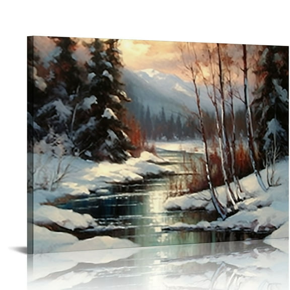 JEUXUS Winter Forest Wall Art the Creek and Snow Nature Village Scenery Canvas Print Wall Art Landscape Picture for Living Room Bedroom Wall Painting Decoration Modern Artwork