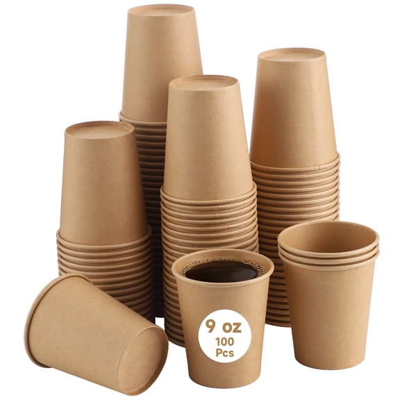 100 Pcs Kraft Paper Cups, 9 oz Disposable Paper Coffee Cups, Unbleached & Leakproof, Serves Hot & Cold Coffee, Tea, Beverage, Ideal for Parties, Events, Offices