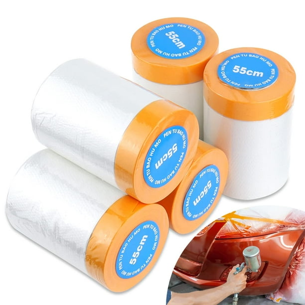Cinta adhesiva para enmascarar con pintura Lona de plástico protectora de pintura de 55 cm x 20 m Película de enmascarar transparente con cinta adhesiva para proteger muebles (5 rollos)