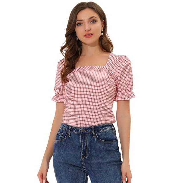 INSPIRE CHIC Blouse à Manches Courtes à Carreaux pour Femmes Col Carré Rouge G