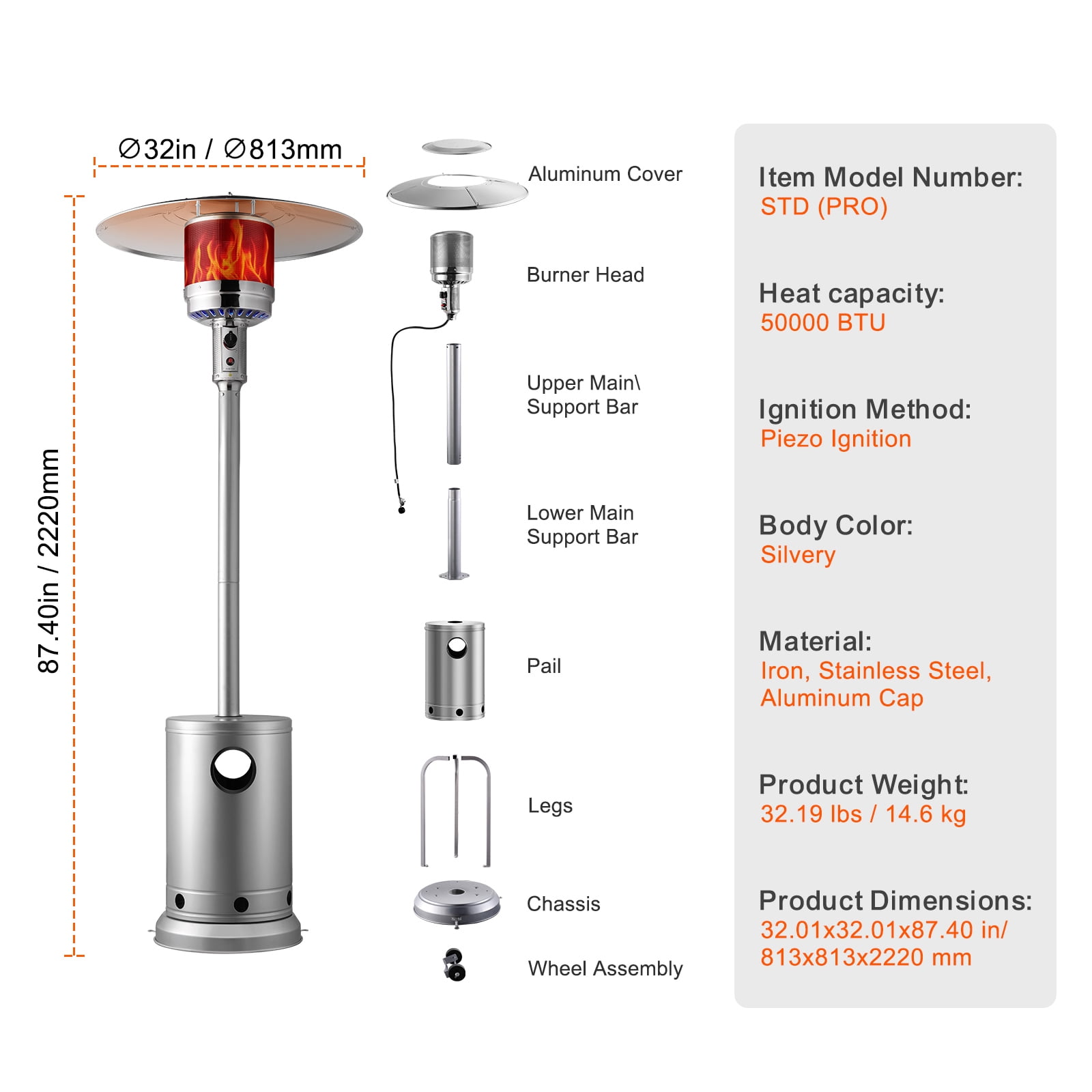 KFFKFF Outdoor Patio Heater, 50000BTU Propane Fueled, Tall Hammered Finish with Circular Table Feature, Durable Metal Burner & Wheels, Secure Outdoor Heating for Patio, Gatherings, Garden, Silver