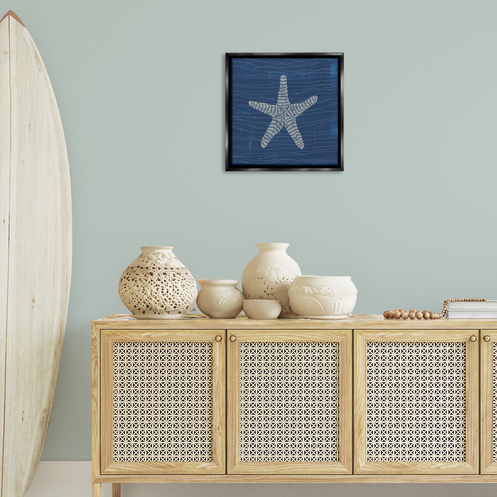 Stupell Industries Starfish on Blue Coastal Painting Black Floater Framed Canvas Art Print Wall Art, 18 x 18