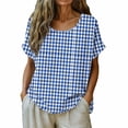thumbnail image 2 of MORESEC Women Cotton Linen Plus Size Short Sleeve Plaid Tunic Tops Round Neck Casual Loose Tee Shirts Summer Vacation Beach Clothes, Blue 3XL, 2 of 6