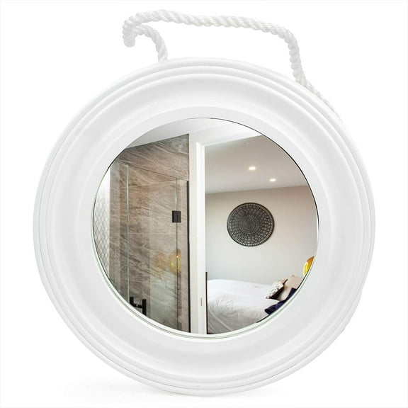 18" Pure White Wooden Wall Mirror With White Rope