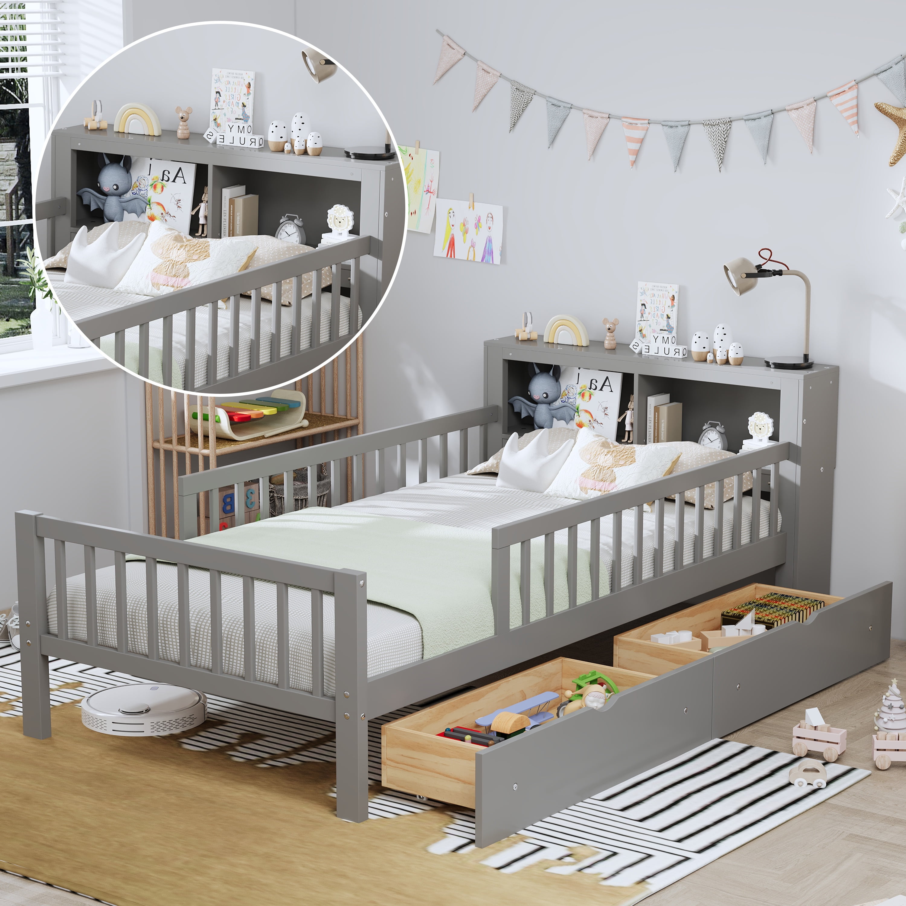 Twin Bed Frame for Kids, SHINPT Twin Size Bed Frame with Headboard Storage Rack, Storage Bed Frame with Two Under-Bed Drawers, Bed for Kids with three-Side Guardrails, White, Pink, Gray, Walnut
