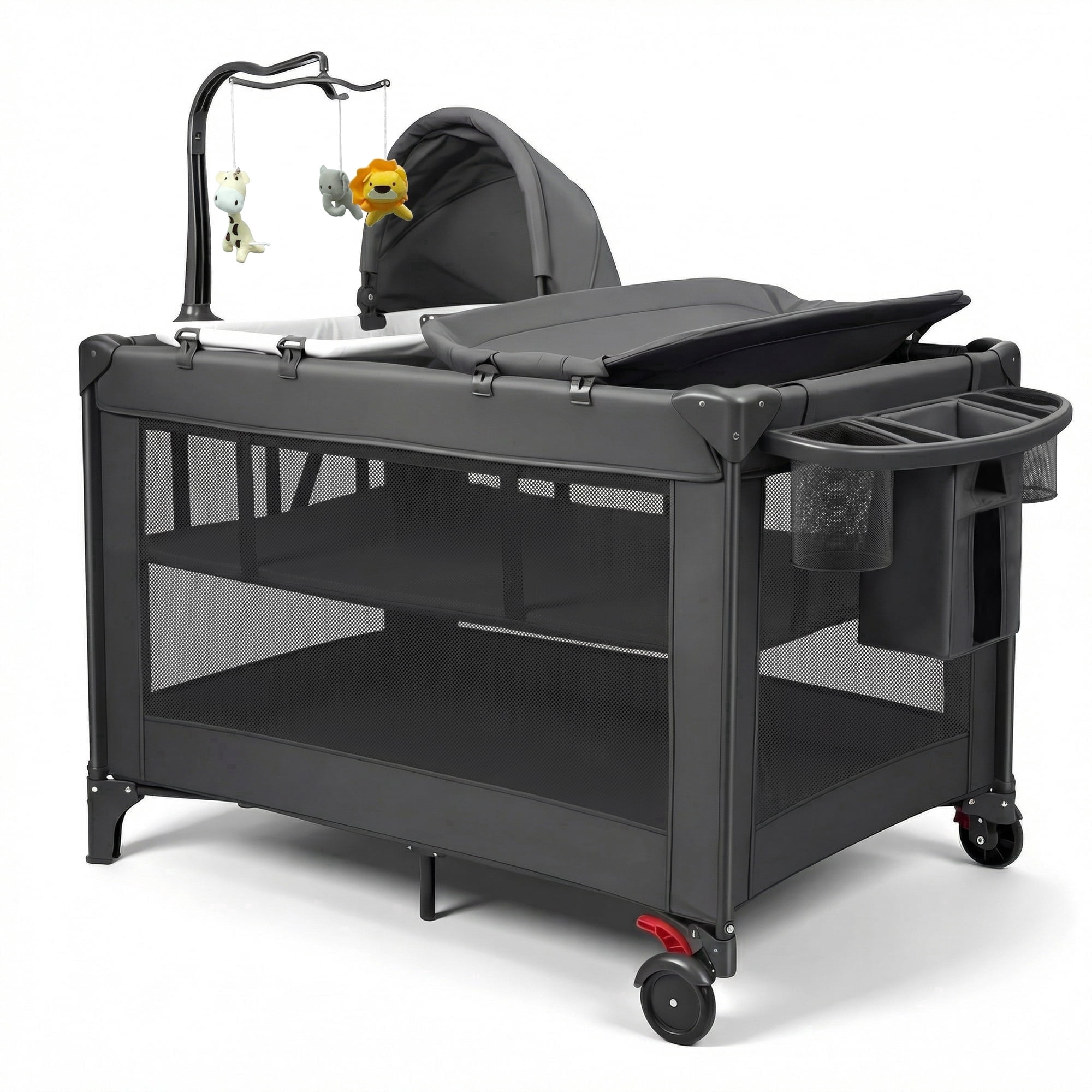 RUPOUN Baby Playards, Foldable Nursery Center Playpen and Toy Mobile, Portable Travel Bassinet, Locking Wheels, Gray