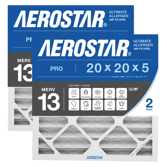 Aerostar 20x20x5 MERV 13 AC Furnace Air Filter, Pleated HVAC Filter, MPR 1900 FPR 10, Allergen Defense, 2-Pack, Made in USA