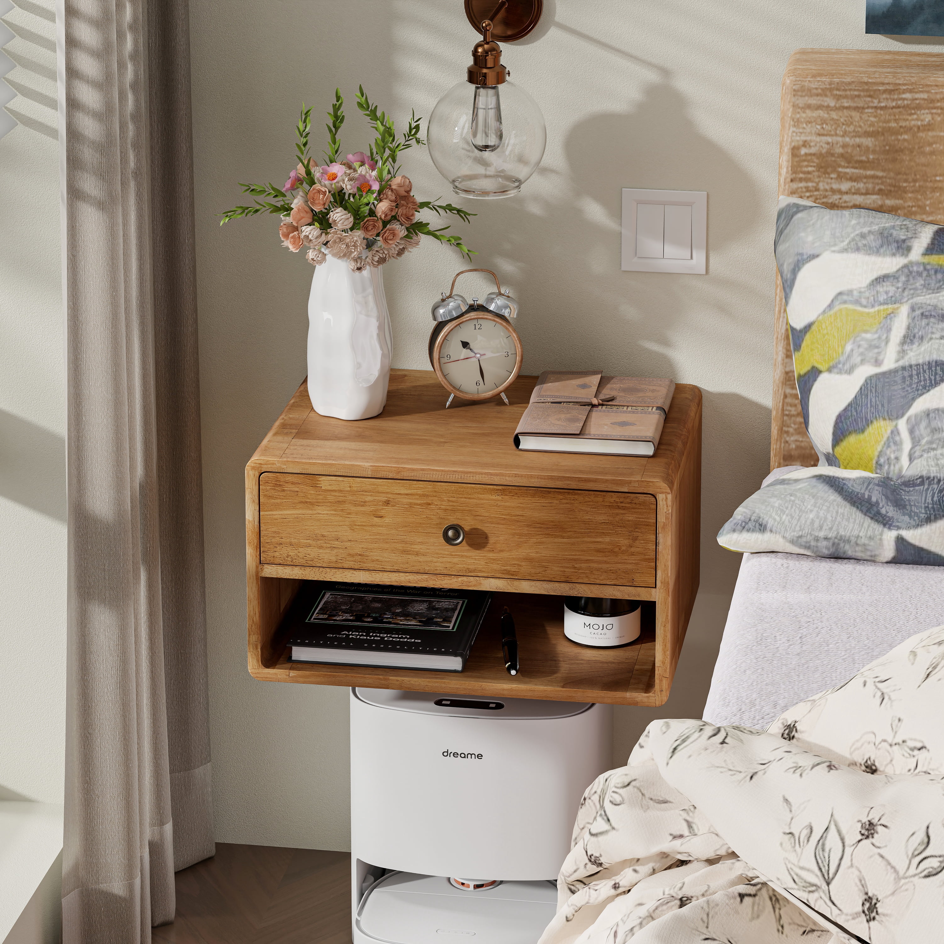 COZAYH Farmhouse Rubber Wood Floating Nightstand with Drawer and Open Shelf, Transitional Wall Mounted Side Table with Open Slot for Bedroom, Fully Assembled (Natural)