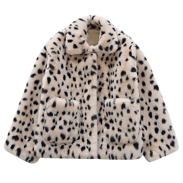 Birdeem Long Sleeved Leopard Patterned Faux Coat with Pockets, Plush Coat, Short Coat