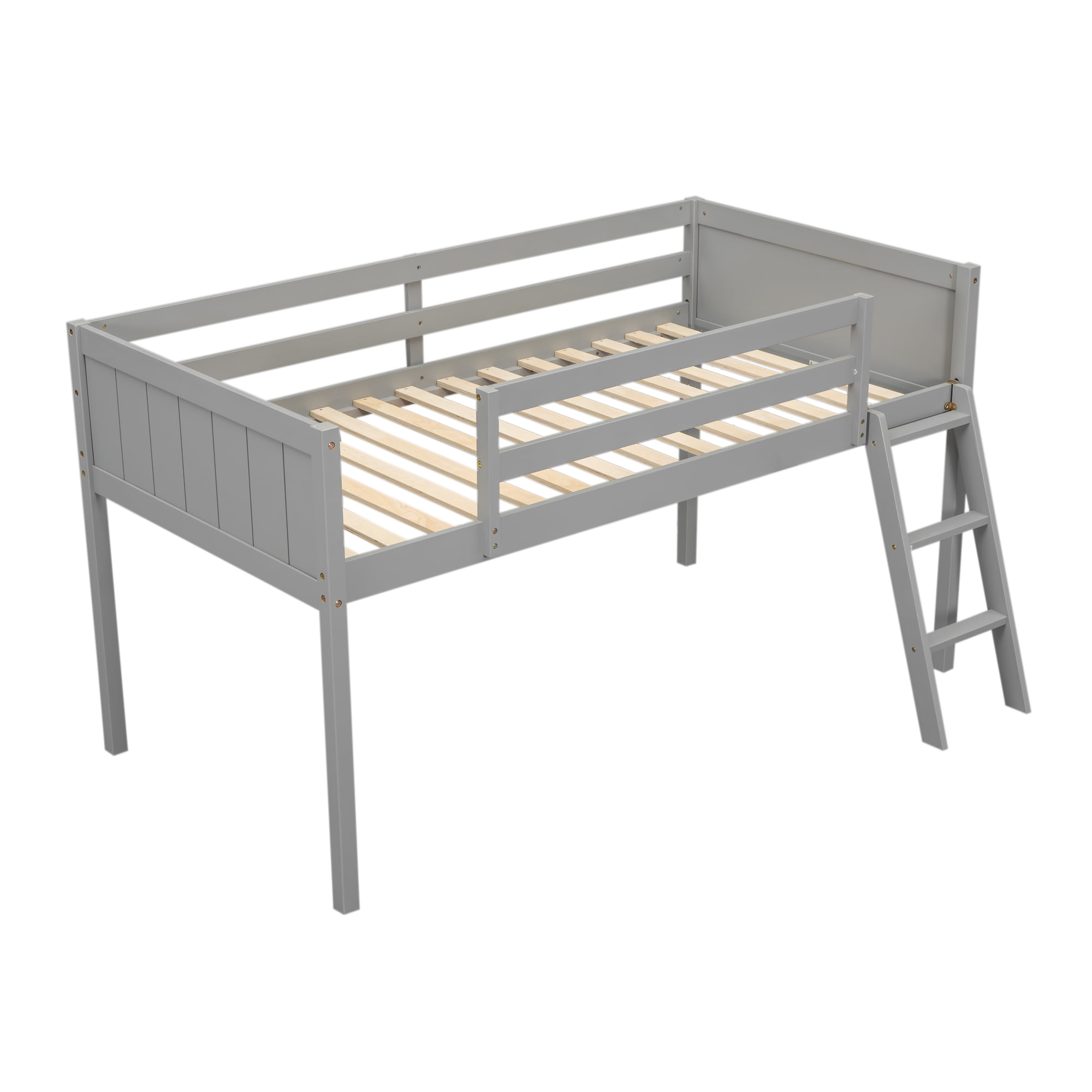 Euroco Wood Loft Bed with Ladder, Twin Size Low Loft Bed for Kids Teens, Gray