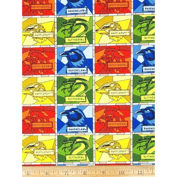 1 Fat Quarter - Harry Potter Houses Block Stained Glass Cotton Fabric (Great for Quilting, Sewing, Craft Projects & More) 18" X 21"