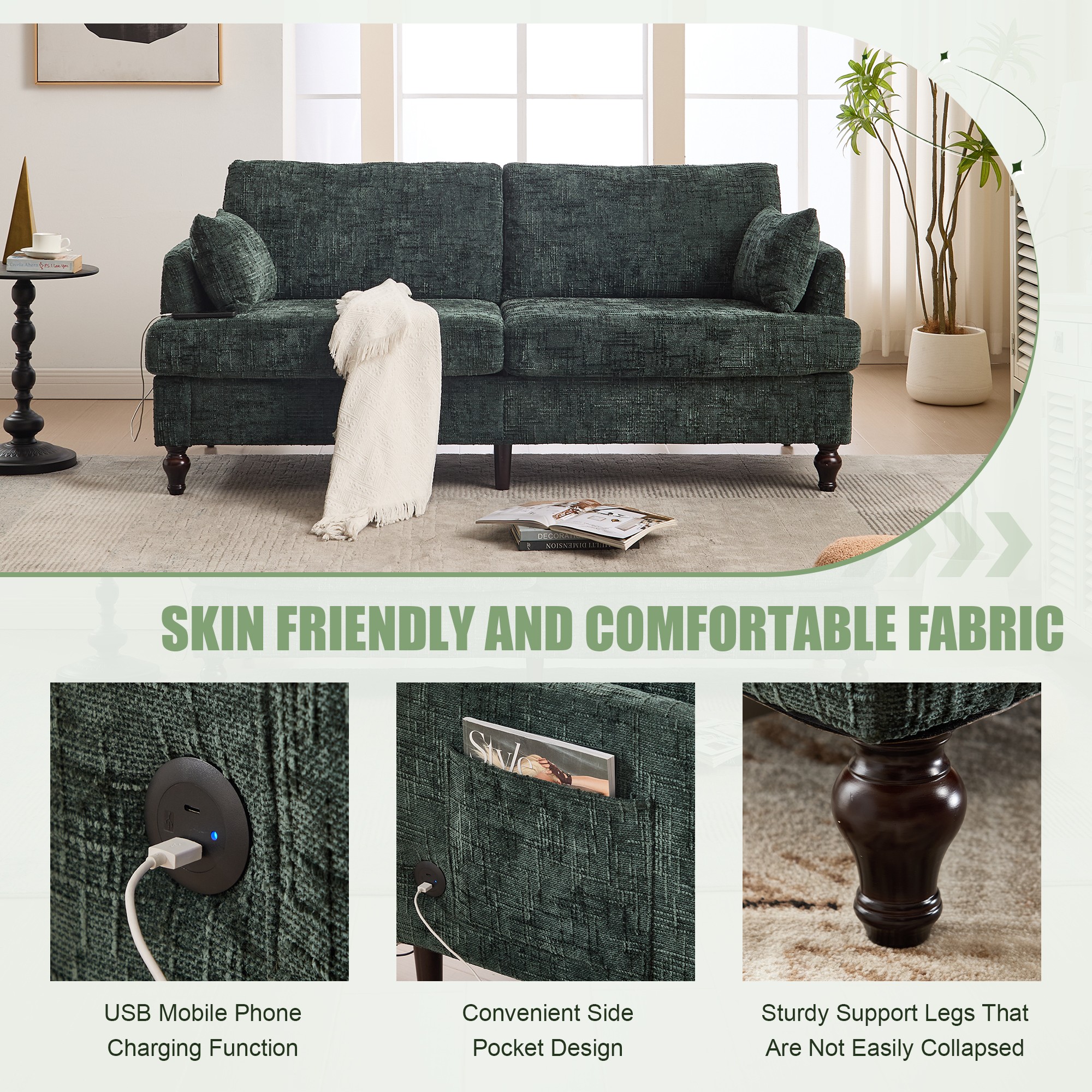 68.9" Sofa Couch,Modern 2 Seater Upholstered Loveseat Sofa Couch with LED light&USB for Living Room,Bedroom,Emerald