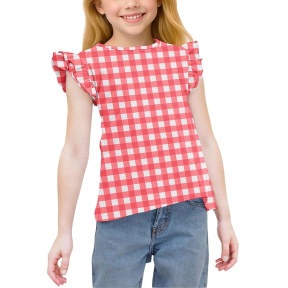 Cethrio Girls T-shirts with Ruffle, Casual Printed Soft Short Sleeve Summer Tops Red Size 14-16