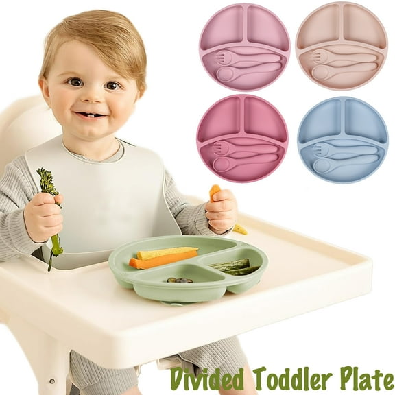 Suction Plates for Baby with Spoon Fork Divided Toddler Plate with Suction Silicone Baby Self Feeding Set for Boys Girls
