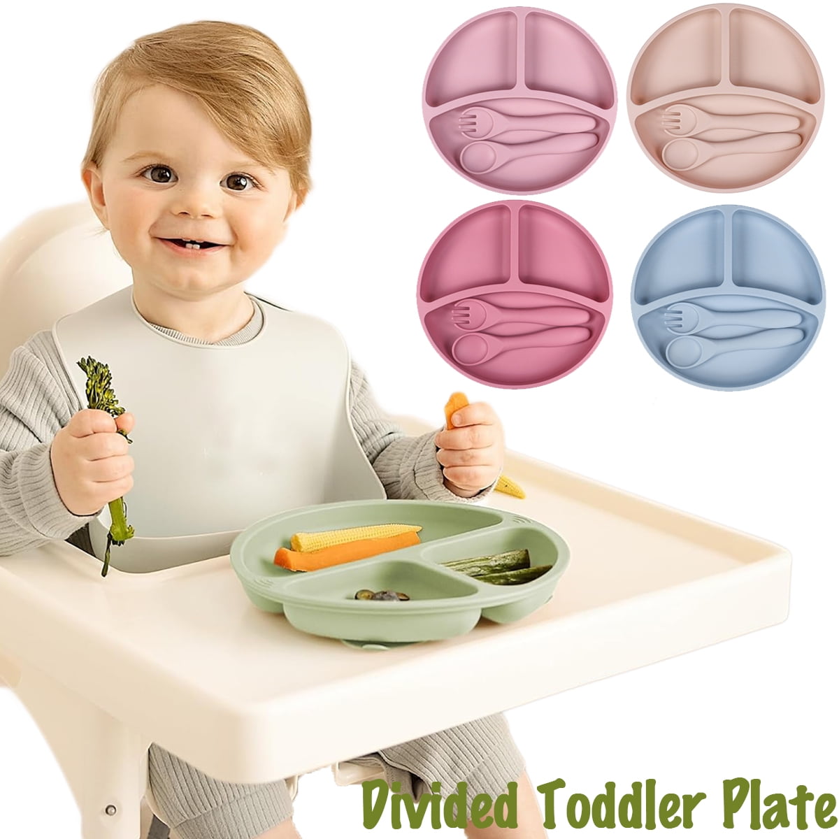 Suction Plates for Baby with Spoon Fork Divided Toddler Plate with Suction Silicone Baby Self Feeding Set for Boys Girls