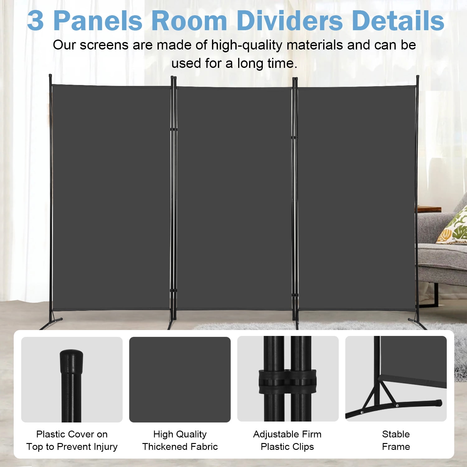 NiamVelo 3 Panel Room Divider Folding Partition Privacy Screens 5.9FT Portable Room Partition with Metal Frame Walls Dividers for Home Office Hospital 102" W x 70" H, Grey