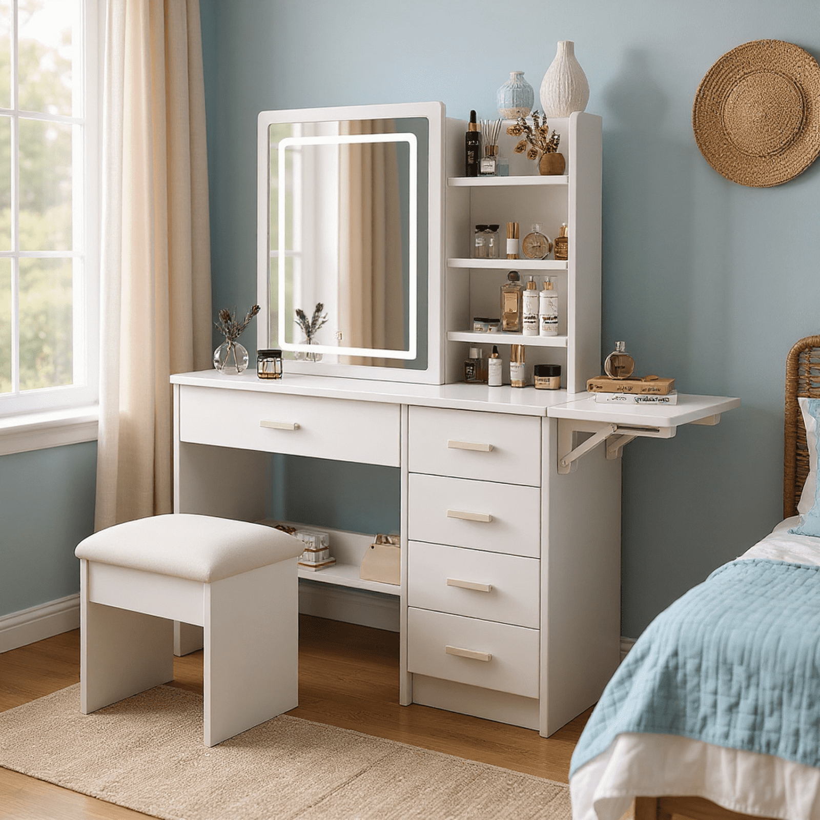 Homy Casa Vanity Desk with LED Lighted Mirror, Stool, Drawers and Shelves, 3-Color Dimmable Lighting
