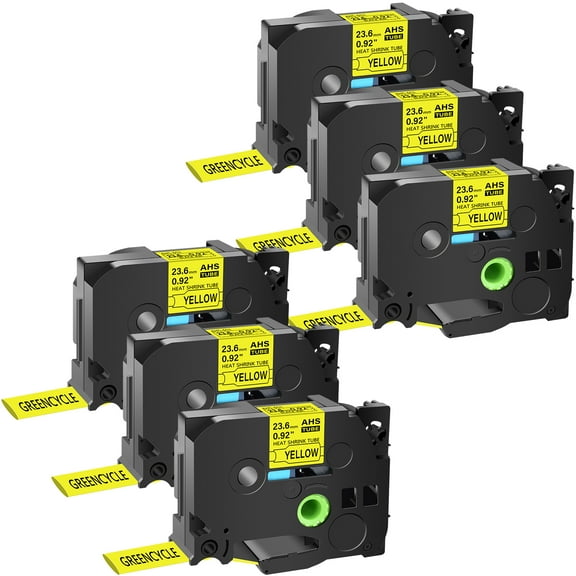 GREENCYCLE 6PK Compatible for Brother P-touch HSE-651 HS-651 HSe651 HS651 23.6mm 0.92" Black on Yellow Heat-shrink Label Tape