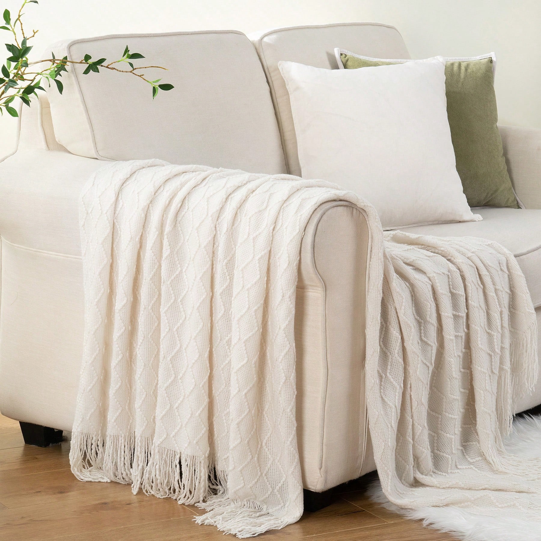 Battilo Ivory White Knitted Throw Blanket, Boho Decorative Throws,Lightweight Knit Blanket for Sofa,50"x60"