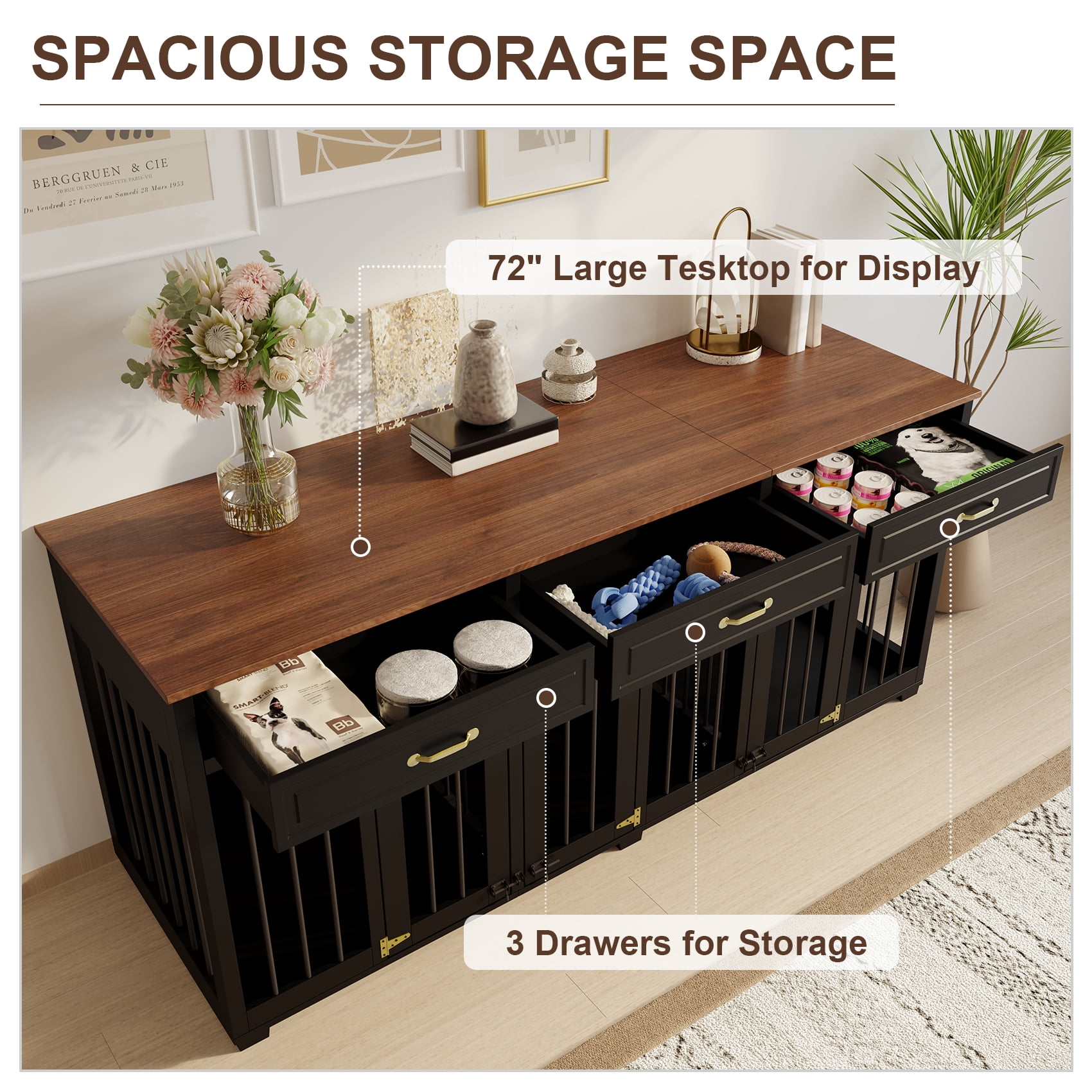 Jenser Multi-Functional 3-Door 72" Wooden Furniture Style Crate for Dogs with 2 Dividers